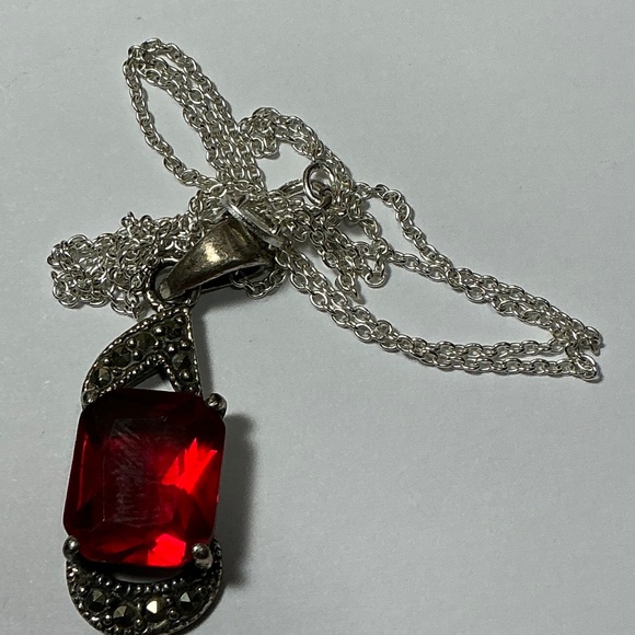 Sterling Silver Necklace with a Red Stone and Marcasite. 19.25 inches long - Picture 5 of 8